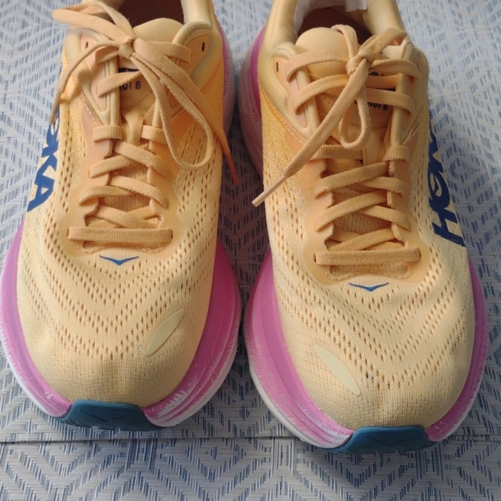 Hoka One One Bondi 8 Women's Yellow and Pink Running Shoes - Picture 4 of 14